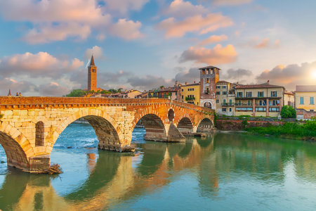 Verona city downtown skyline, cityscape of Italy at sunsetの写真素材