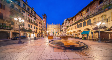 Verona city downtown skyline, cityscape of Italy at sunsetの写真素材