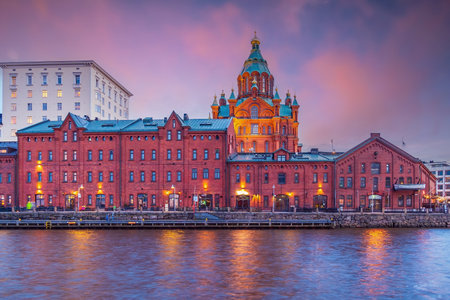 Helsinki city skyline, cityscape of Finland at sunsetの写真素材