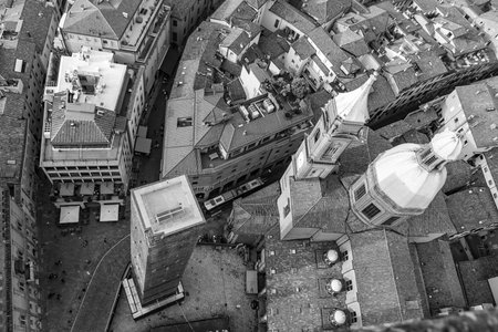 Bologna oldtown city skyline, cityscape of Italy in Europe from top view in black and white