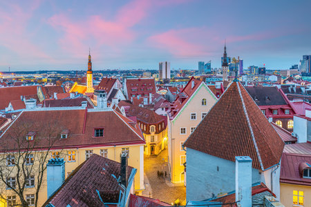 Old town Tallinn city skyline, cityscape of Estonia at sunsetの写真素材