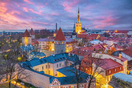 Old town Tallinn city skyline, cityscape of Estonia at sunsetの写真素材