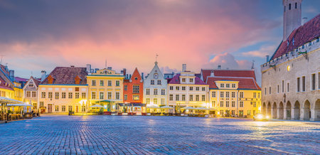 Old town Tallinn city skyline, cityscape of Estonia at sunsetの写真素材