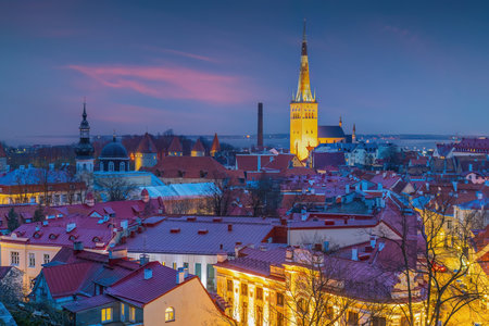 Old town Tallinn city skyline, cityscape of Estonia at sunsetの写真素材
