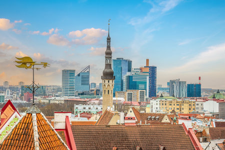 Old town Tallinn city skyline, cityscape of Estonia at sunsetの写真素材