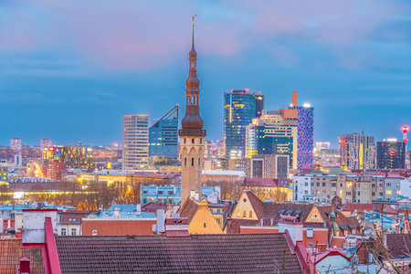 Old town Tallinn city skyline, cityscape of Estonia at sunsetの写真素材