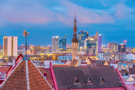 Old town Tallinn city skyline, cityscape of Estonia at sunsetの写真素材