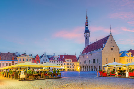 Old town Tallinn city skyline, cityscape of Estonia at sunsetの写真素材
