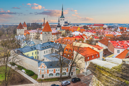 Old town Tallinn city skyline, cityscape of Estonia at sunsetの写真素材