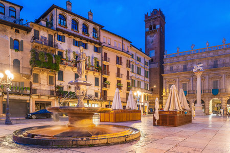 Verona city downtown skyline, cityscape of Italy at sunsetの写真素材