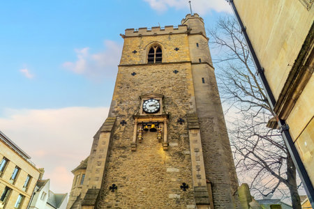 Clock tower in old town of Oxford city, cityscape of England at sunsetの写真素材