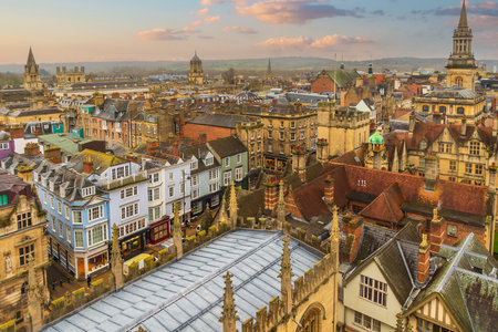 Old town of Oxford city, cityscape of England at sunsetの写真素材