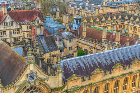 Old town of Oxford city, cityscape of England at sunsetの写真素材