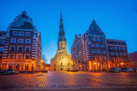 Old Town Riga city skyline, cityscape of Latvia at sunsetの写真素材