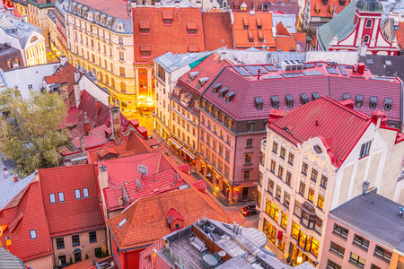 Top view of Old Town Riga city skyline, cityscape of Latvia at sunsetの写真素材