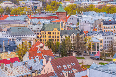 Top view of Old Town Riga city skyline, cityscape of Latvia at sunsetの写真素材