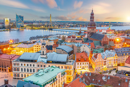 Top view of Old Town Riga city skyline, cityscape of Latvia at sunsetの写真素材