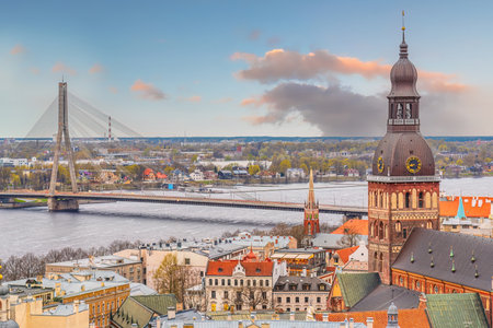 Top view of Old Town Riga city skyline, cityscape of Latvia at sunset