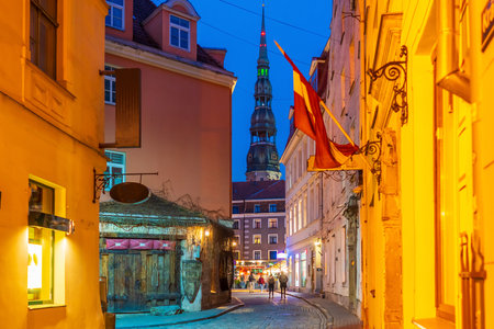 Old Town Riga city skyline, cityscape of Latvia at sunsetの写真素材