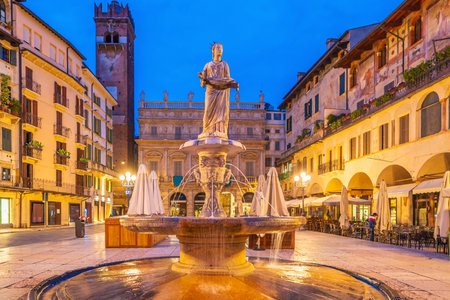 Verona city downtown skyline, cityscape of Italy at sunsetの写真素材