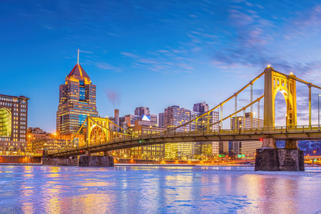Downtown Pittsburgh city skyline, cityscape of  Pennsylvania in USA at sunsetの写真素材