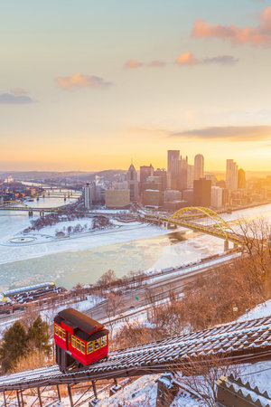 Downtown Pittsburgh city skyline, cityscape of  Pennsylvania in USA at sunset