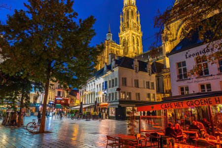 ANTWERP, BELGIUM - October 15, 2024: Restaurants in Downtown Antwerp city skyline at Grote Markt, cityscape of Belgium in Europeの写真素材