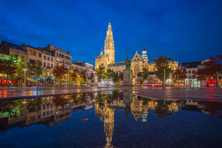 Downtown Antwerp city skyline at Grote Markt,, cityscape of Belgium in Europeの写真素材