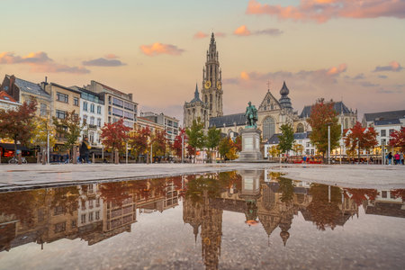 Downtown Antwerp city skyline at Grote Markt,, cityscape of Belgium in Europeの写真素材