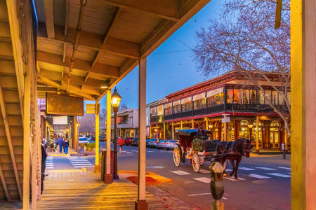 Historic old town of Sacramento, cityscape of California in  USA at twilightの写真素材