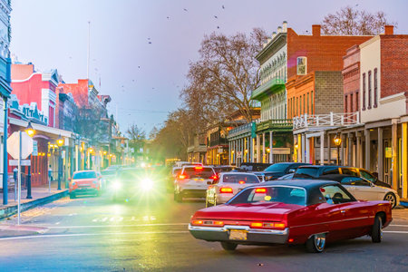 Historic old town of Sacramento, cityscape of California in  USA at twilightの写真素材