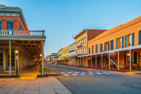 Historic old town of Sacramento, cityscape of California in  USA at twilightの写真素材