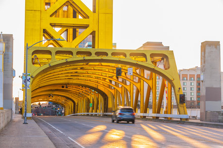 Tower Bridge in old town Sacramento, California USAの写真素材