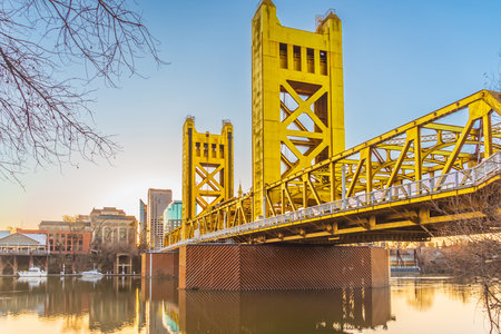 Tower Bridge in old town Sacramento, California USAの写真素材
