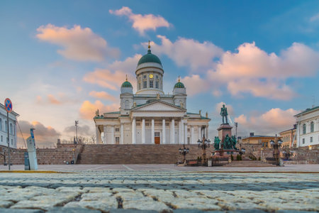 Helsinki Cathedral in the centre of Helsinki, Finland at sunsetの写真素材