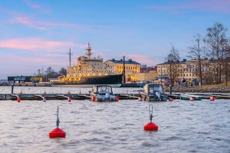 Helsinki city skyline, cityscape of Finland at sunsetの写真素材