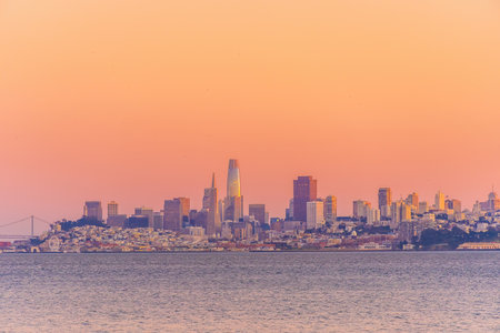 Cityscape of San Francisco skyline from Sausalito resort town  in North California, USA at sunsetの写真素材