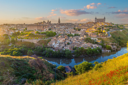 Toledo city skyline, cityscape of  Spain in Europe at sunsetの写真素材