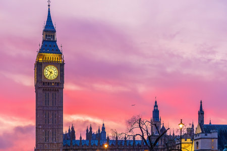 Big Ben tower of Houses of Parliament, Westminster in London, UK at sunriseの写真素材
