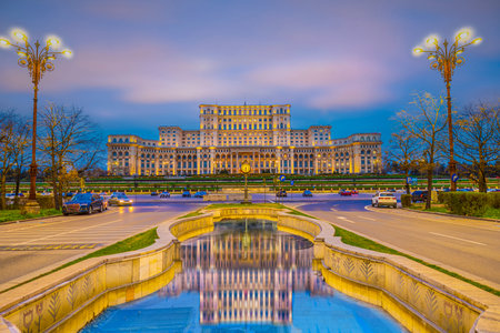 Palace of the Parliament, cityscape of Romania in Europe at sunsetの写真素材