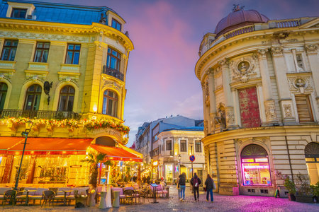 Bucharest, Romania - MARCH 19, 2025: Night street of the Old Town located in the city center of Bucharestの写真素材
