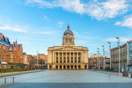 Downtown Nottingham city skyline at Old Market Square, cityscape of Englandの写真素材