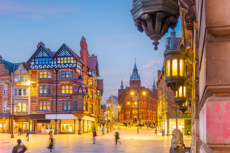 Downtown Nottingham city skyline at Old Market Square, cityscape of England at twilightの写真素材