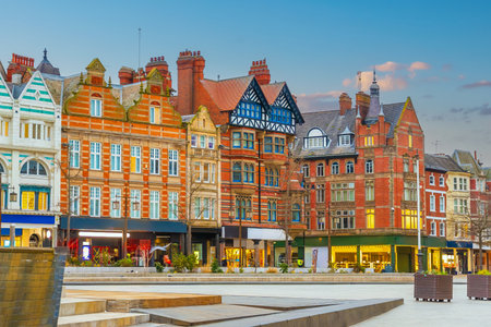 Downtown Nottingham city skyline at Old Market Square, cityscape of England at twilightの写真素材