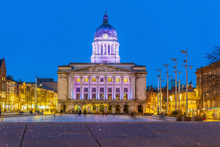 Downtown Nottingham city skyline at Old Market Square, cityscape of England at twilightの写真素材