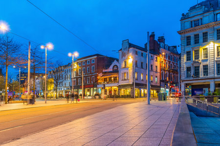 Downtown Nottingham city skyline at Old Market Square, cityscape of England at twilightの写真素材