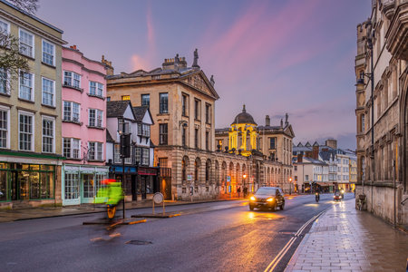 Old town an business area of Oxford city, cityscape of England at sunsetの写真素材
