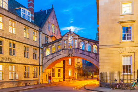 The Bridge of Sighs or Hertford Bridge in old town of Oxford city, cityscape of England at sunsetの写真素材