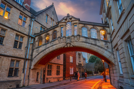 The Bridge of Sighs or Hertford Bridge in old town of Oxford city, cityscape of England at sunsetの写真素材