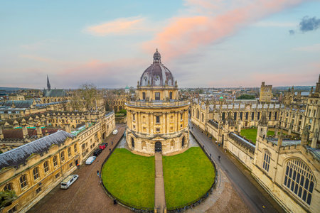 Old town of Oxford city, cityscape of England at sunsetの写真素材
